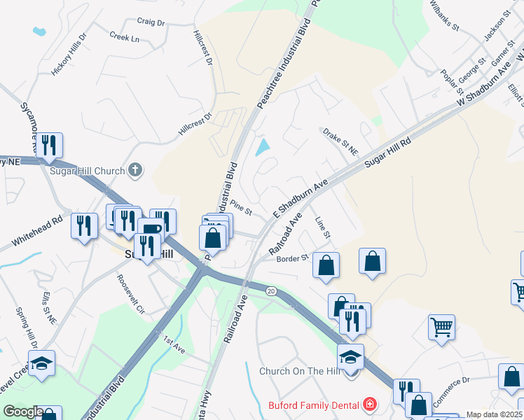 map of restaurants, bars, coffee shops, grocery stores, and more near 4958 Power Lane in Sugar Hill