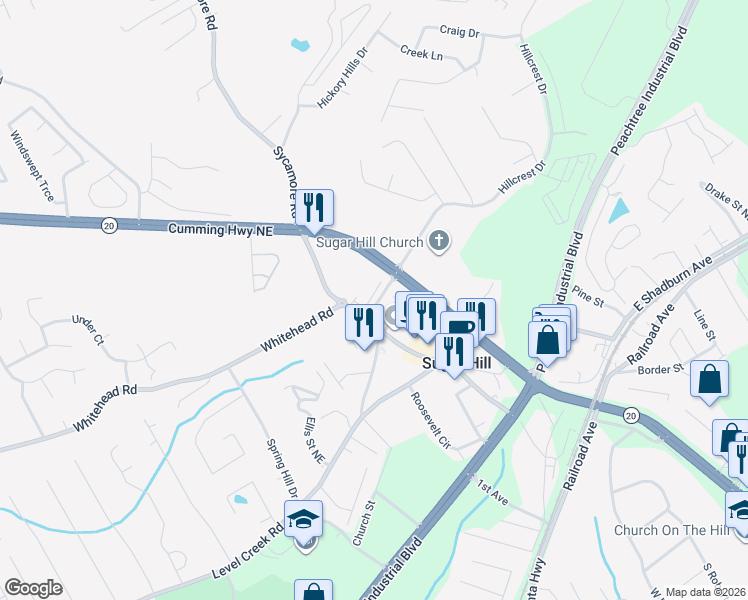 map of restaurants, bars, coffee shops, grocery stores, and more near 1164 Hillcrest Drive in Sugar Hill
