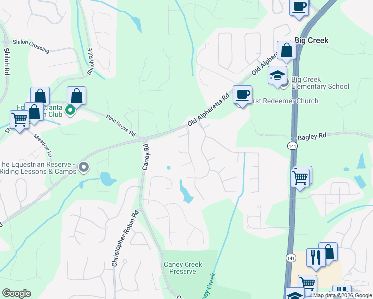 map of restaurants, bars, coffee shops, grocery stores, and more near 2350 Springmonte Place in Cumming