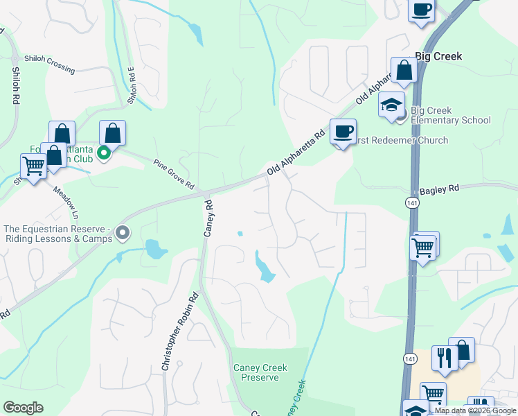 map of restaurants, bars, coffee shops, grocery stores, and more near 2350 Springmonte Place in Cumming