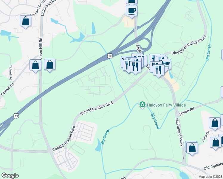 map of restaurants, bars, coffee shops, grocery stores, and more near 216 Estuary Trail in Alpharetta