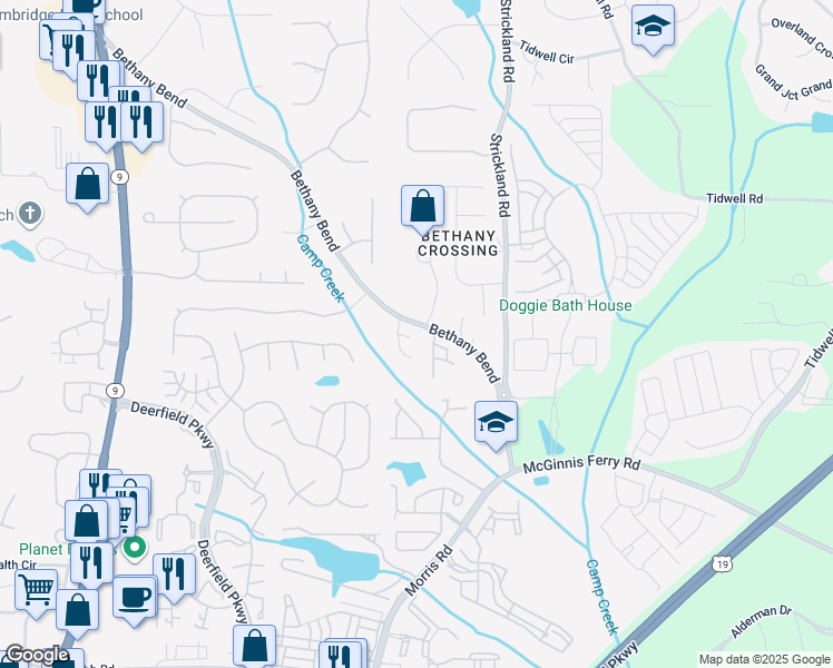 map of restaurants, bars, coffee shops, grocery stores, and more near 575 Gale Court in Alpharetta