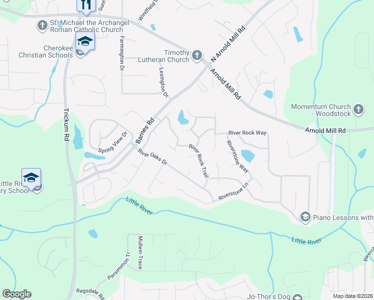 map of restaurants, bars, coffee shops, grocery stores, and more near 1819 River Rock Trail in Woodstock