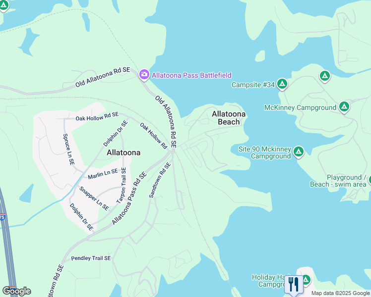 map of restaurants, bars, coffee shops, grocery stores, and more near 24 Allatoona Landing Road Southeast in Cartersville