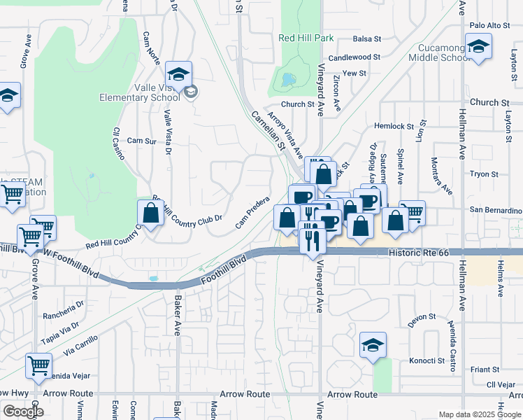 map of restaurants, bars, coffee shops, grocery stores, and more near 7997 Camino Predera in Rancho Cucamonga