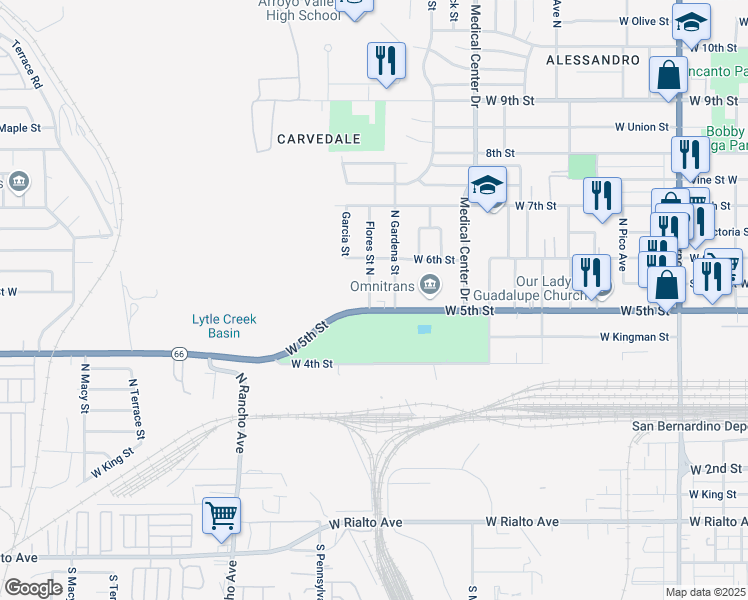 map of restaurants, bars, coffee shops, grocery stores, and more near 1816 West 5th Street in San Bernardino