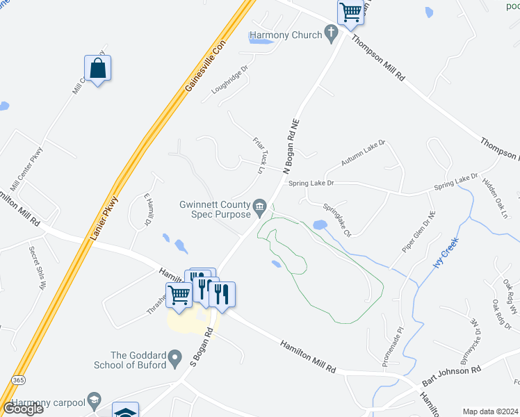 map of restaurants, bars, coffee shops, grocery stores, and more near 2738 North Bogan Road Northeast in Buford