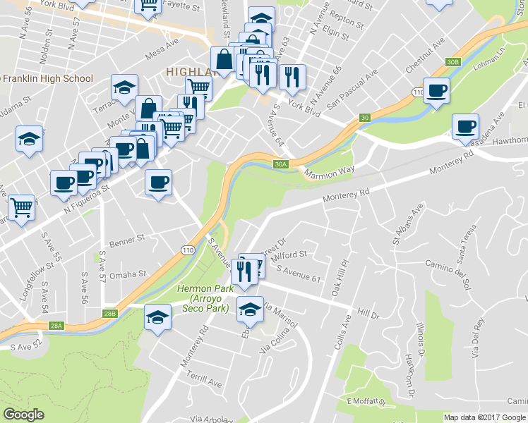 map of restaurants, bars, coffee shops, grocery stores, and more near in Los Angeles County