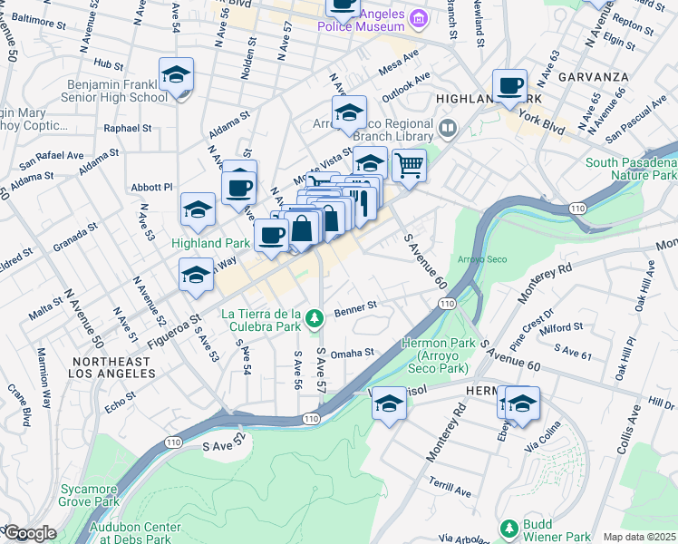 map of restaurants, bars, coffee shops, grocery stores, and more near 144 South Avenue 58 in Los Angeles