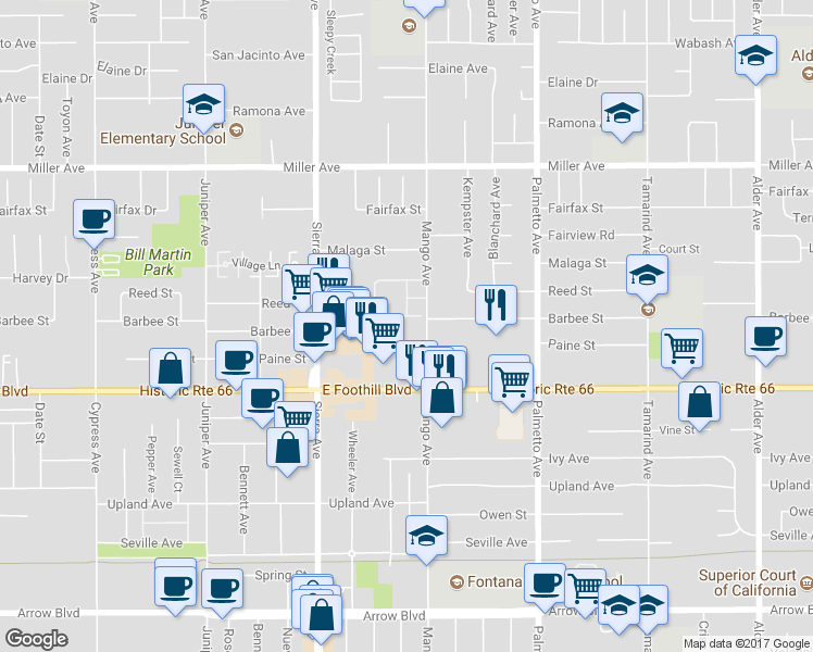 map of restaurants, bars, coffee shops, grocery stores, and more near 7996 Mango Avenue in Fontana