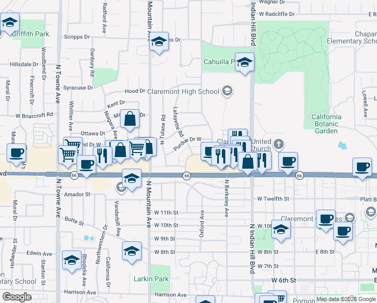 map of restaurants, bars, coffee shops, grocery stores, and more near 1365 Lafayette Road in Claremont