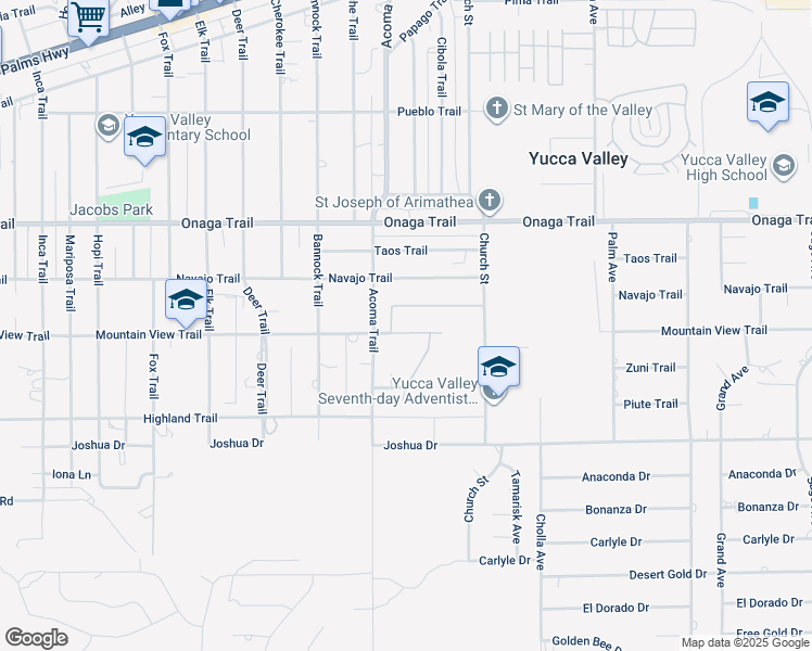 map of restaurants, bars, coffee shops, grocery stores, and more near 56148 Mountain View Trail in Yucca Valley