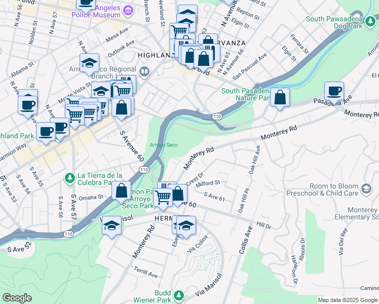 map of restaurants, bars, coffee shops, grocery stores, and more near 6221 Monterey Road in Los Angeles