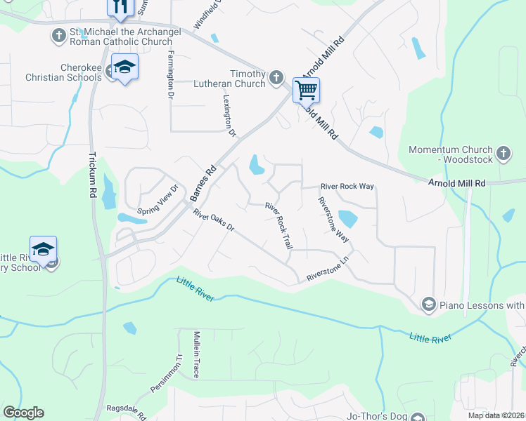 map of restaurants, bars, coffee shops, grocery stores, and more near 1819 River Rock Trail in Woodstock