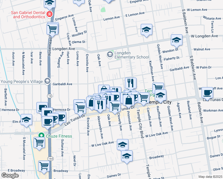 map of restaurants, bars, coffee shops, grocery stores, and more near 9459 Woodruff Avenue in Temple City