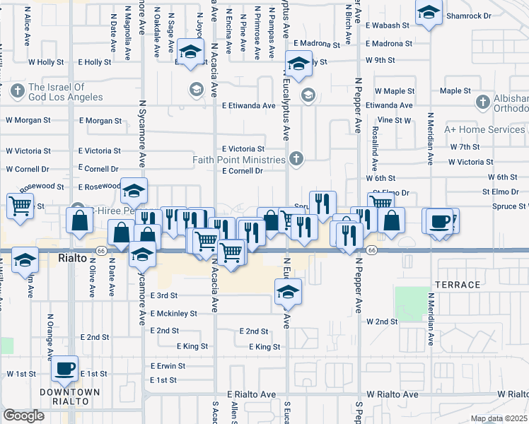 map of restaurants, bars, coffee shops, grocery stores, and more near 641 East Grove Street in Rialto