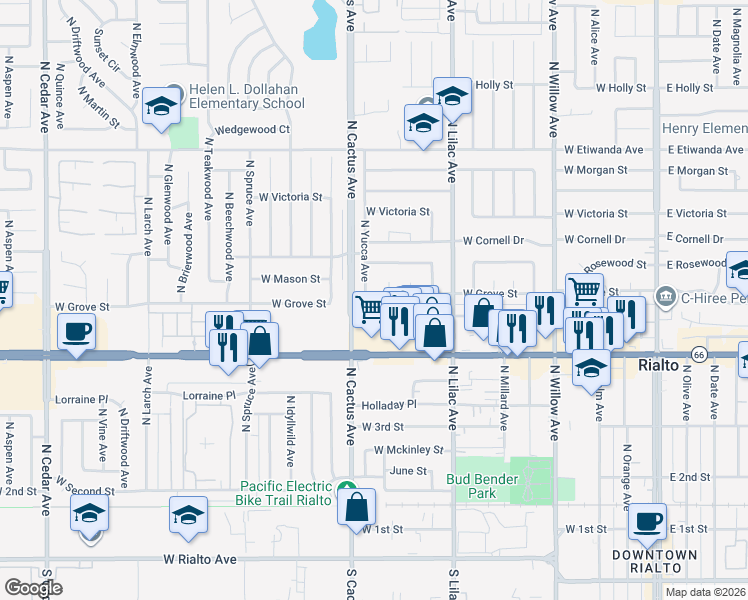 map of restaurants, bars, coffee shops, grocery stores, and more near 655 West Grove Street in Rialto