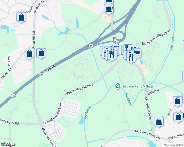 map of restaurants, bars, coffee shops, grocery stores, and more near 216 Estuary Trail in Alpharetta