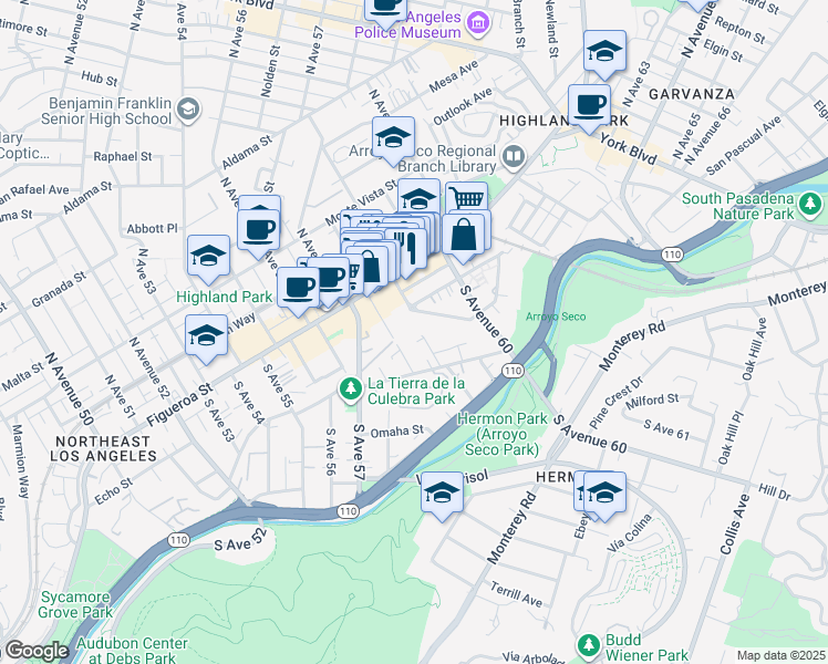 map of restaurants, bars, coffee shops, grocery stores, and more near 209 South Avenue 59 in Los Angeles