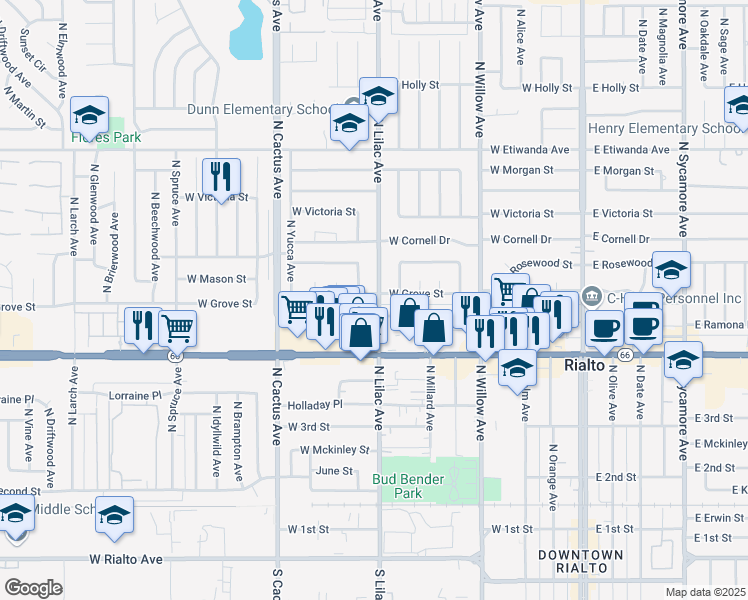 map of restaurants, bars, coffee shops, grocery stores, and more near 505 West Grove Street in Rialto
