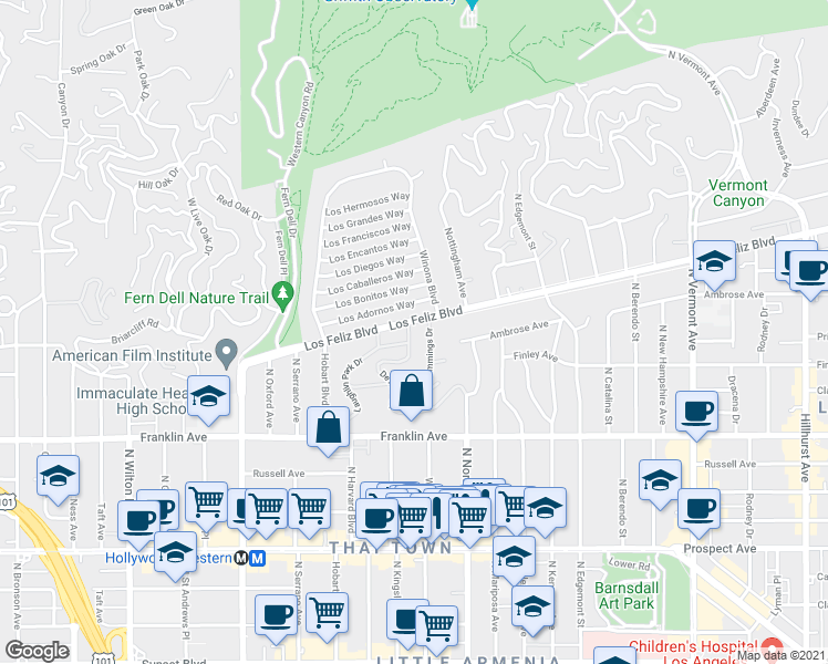 map of restaurants, bars, coffee shops, grocery stores, and more near 5160 Los Feliz Boulevard in Los Angeles