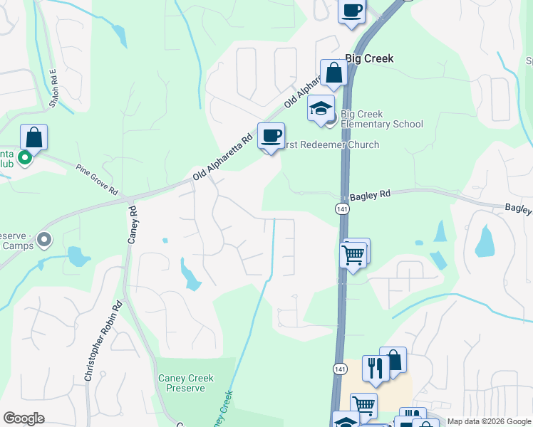 map of restaurants, bars, coffee shops, grocery stores, and more near 2605 Spring Harbor Drive in Cumming