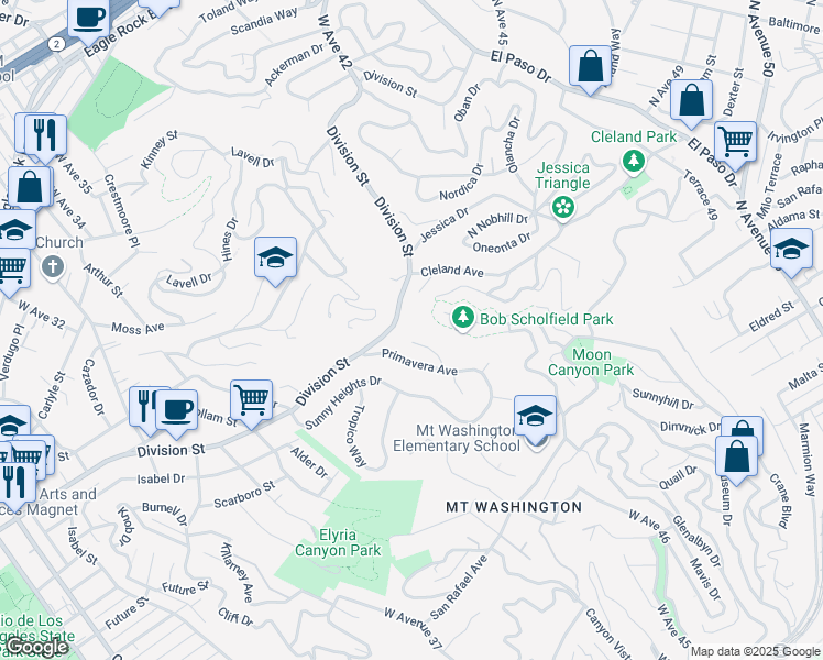 map of restaurants, bars, coffee shops, grocery stores, and more near 754 Ganymede Drive in Los Angeles