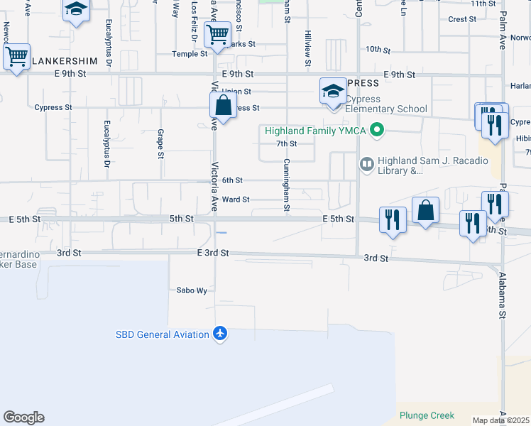 map of restaurants, bars, coffee shops, grocery stores, and more near 26634 East 5th Street in Highland