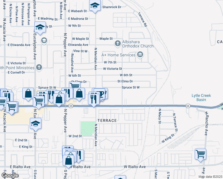 map of restaurants, bars, coffee shops, grocery stores, and more near 2595 Spruce Street West in San Bernardino