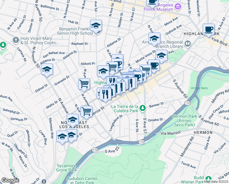 map of restaurants, bars, coffee shops, grocery stores, and more near 5429 North Figueroa Street in Los Angeles
