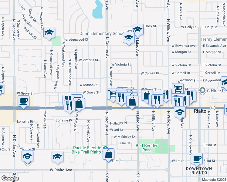 map of restaurants, bars, coffee shops, grocery stores, and more near 630 West Ramona Drive in Rialto