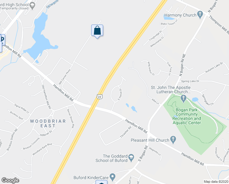 map of restaurants, bars, coffee shops, grocery stores, and more near 2563 Hamill Drive in Buford