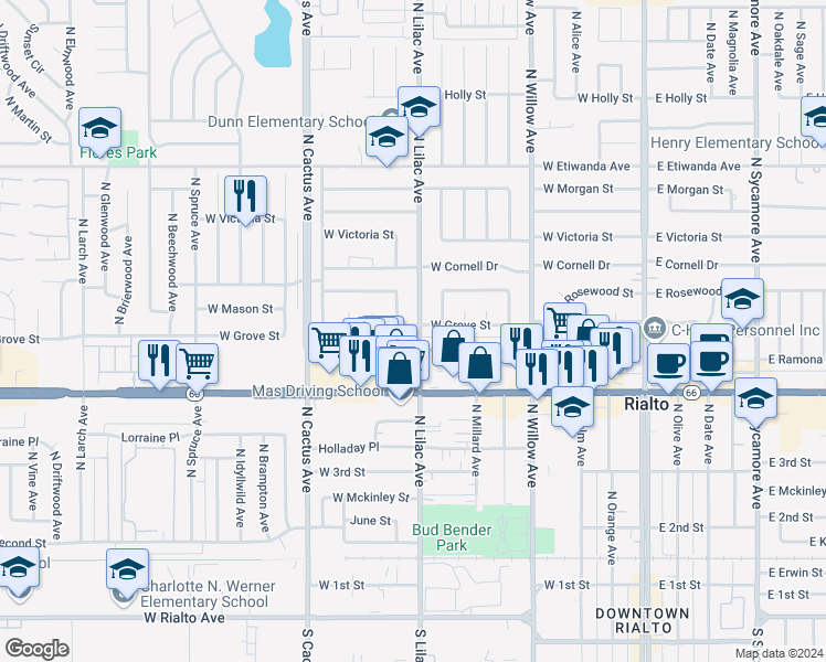 map of restaurants, bars, coffee shops, grocery stores, and more near 505 West Grove Street in Rialto