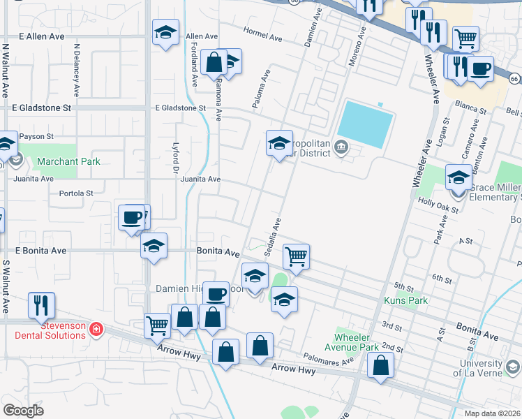 map of restaurants, bars, coffee shops, grocery stores, and more near 2641 Damien Avenue in La Verne