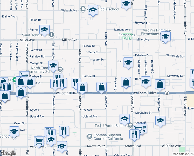 map of restaurants, bars, coffee shops, grocery stores, and more near 17831 Barbee Street in Fontana
