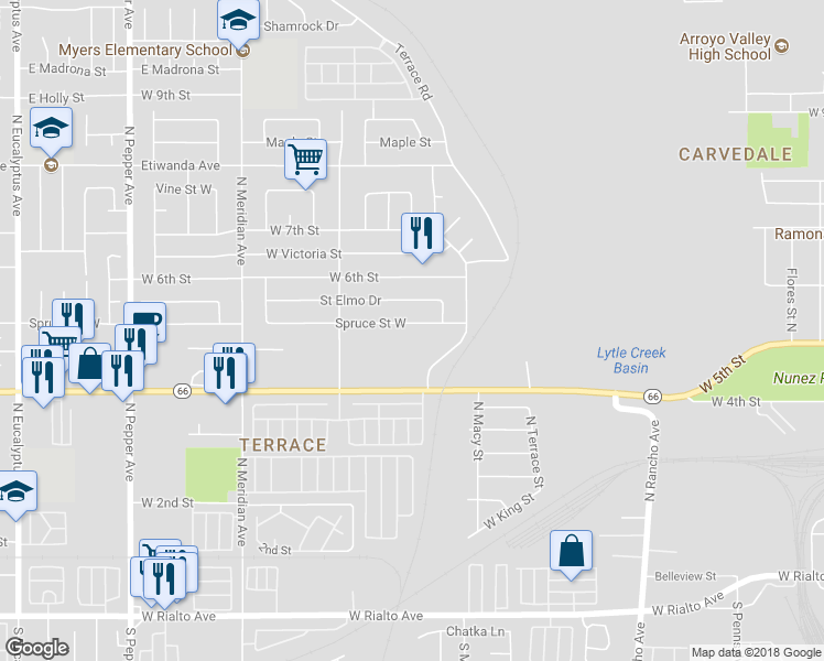 map of restaurants, bars, coffee shops, grocery stores, and more near 2399 Spruce Street West in San Bernardino