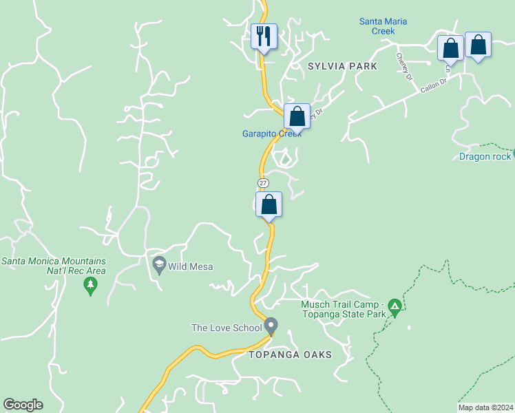 map of restaurants, bars, coffee shops, grocery stores, and more near California 27 in Topanga