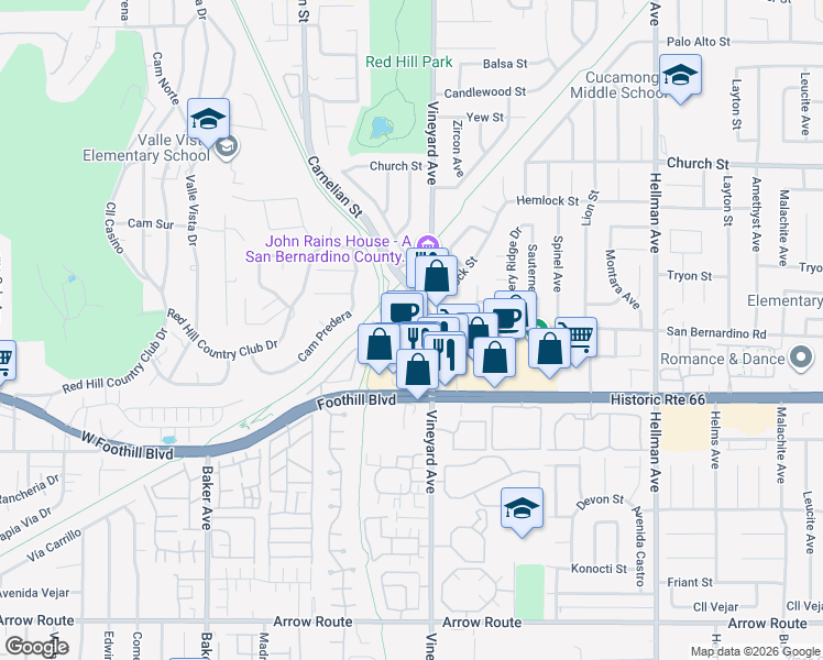 map of restaurants, bars, coffee shops, grocery stores, and more near 8863 San Bernardino Road in Rancho Cucamonga