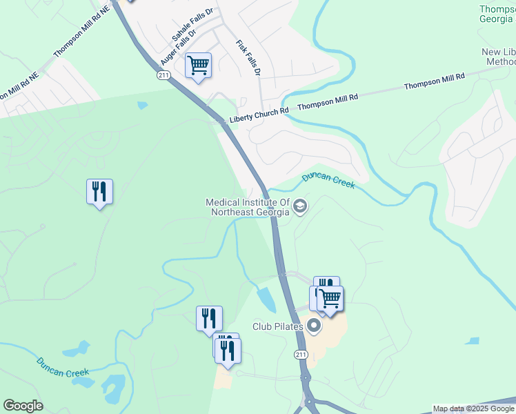 map of restaurants, bars, coffee shops, grocery stores, and more near 105 Chablis Court in Braselton
