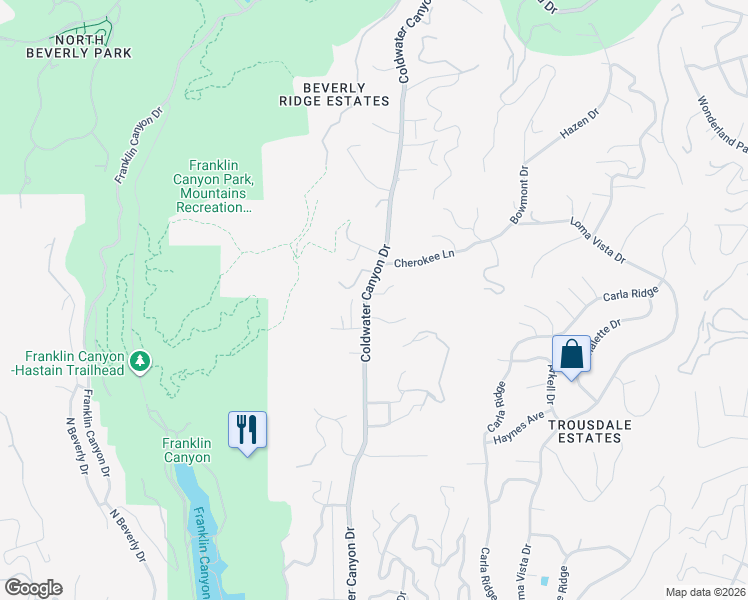 map of restaurants, bars, coffee shops, grocery stores, and more near 2016 Coldwater Canyon Drive in Beverly Hills