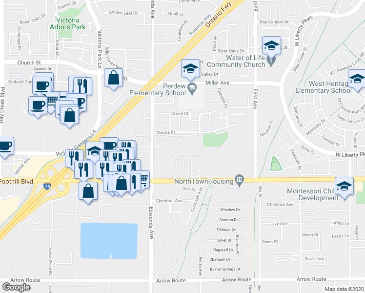 map of restaurants, bars, coffee shops, grocery stores, and more near 7951 Etiwanda Avenue in Rancho Cucamonga