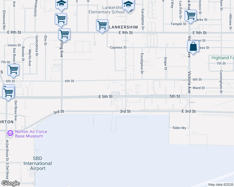 map of restaurants, bars, coffee shops, grocery stores, and more near 26068 5th Street in San Bernardino