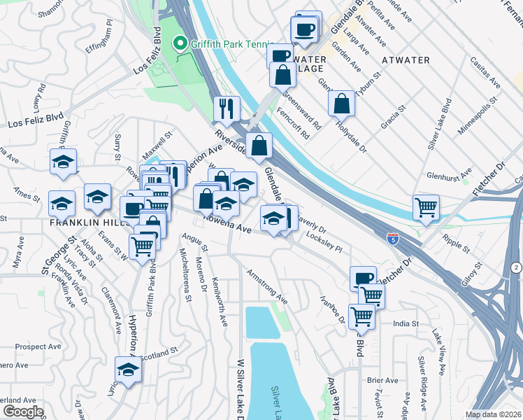 map of restaurants, bars, coffee shops, grocery stores, and more near 2740 Auburn Street in Los Angeles