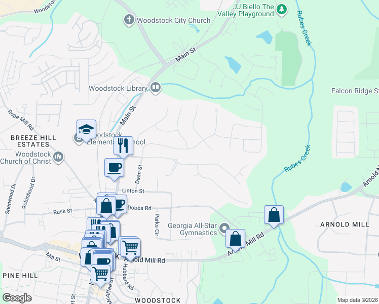 map of restaurants, bars, coffee shops, grocery stores, and more near 126 Windfields Lane in Woodstock