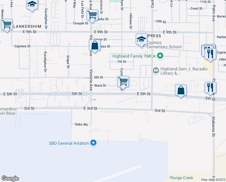 map of restaurants, bars, coffee shops, grocery stores, and more near 26634 East 5th Street in Highland