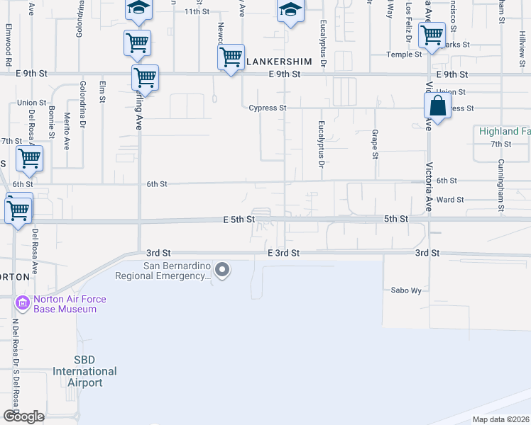 map of restaurants, bars, coffee shops, grocery stores, and more near 2372 East 5th Street in San Bernardino