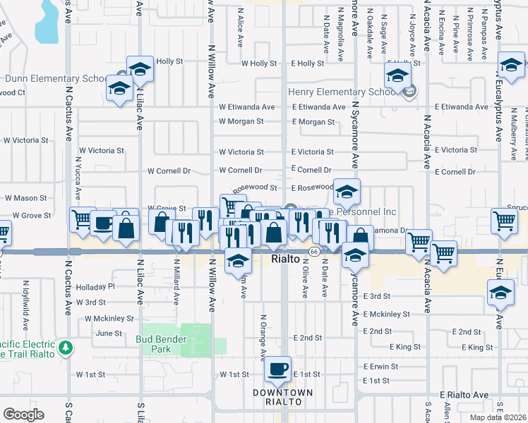 map of restaurants, bars, coffee shops, grocery stores, and more near 146 West Ramona Drive in Rialto