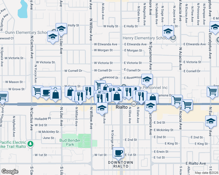 map of restaurants, bars, coffee shops, grocery stores, and more near 146 West Ramona Drive in Rialto