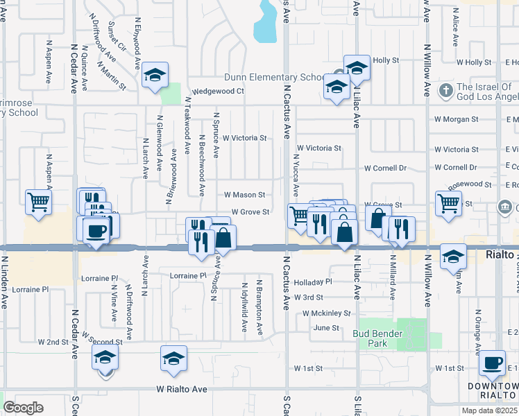 map of restaurants, bars, coffee shops, grocery stores, and more near 787 West Grove Street in Rialto