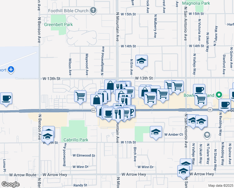 map of restaurants, bars, coffee shops, grocery stores, and more near 1246 Braewood Circle in Upland